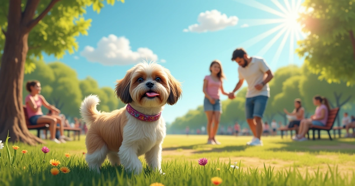Cão Shih Tzu alegre em um parque ensolarado, com dono e ambiente saudável ao redor.