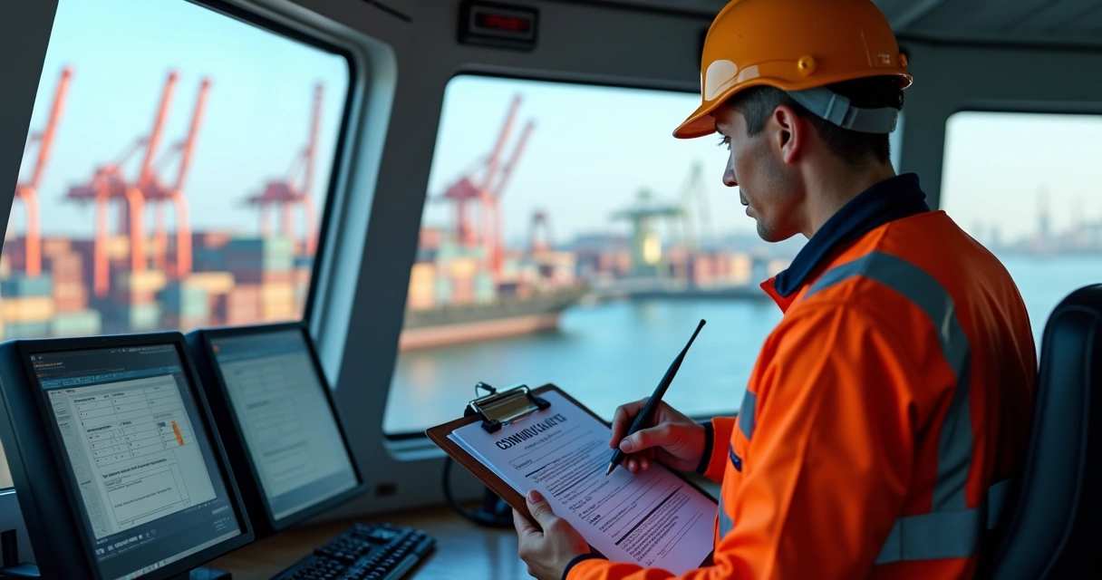 Ship captain with checklist using radio to confirm operations. 