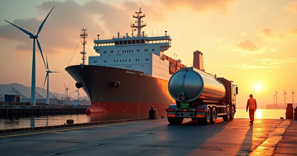 Cargo ship in port being refueled with alternative fuels in the early morning light 