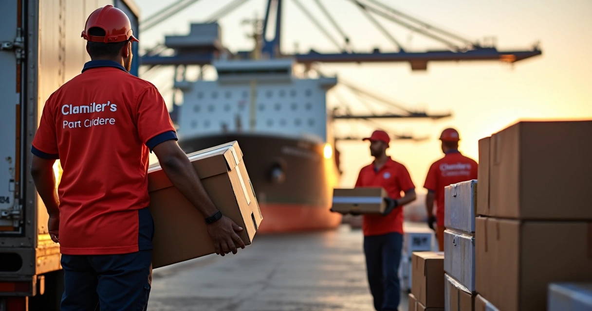Ship chandler staff delivering supplies at dock