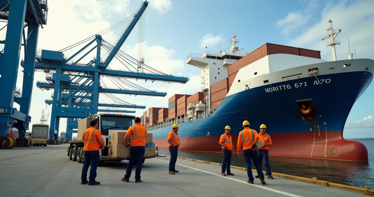 Maritime supply team delivering provisions and safety equipment to a cargo ship at a busy Brazilian port