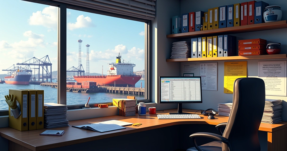 Ship supply manager organizing chemical MSDS documents in a tidy maritime office 