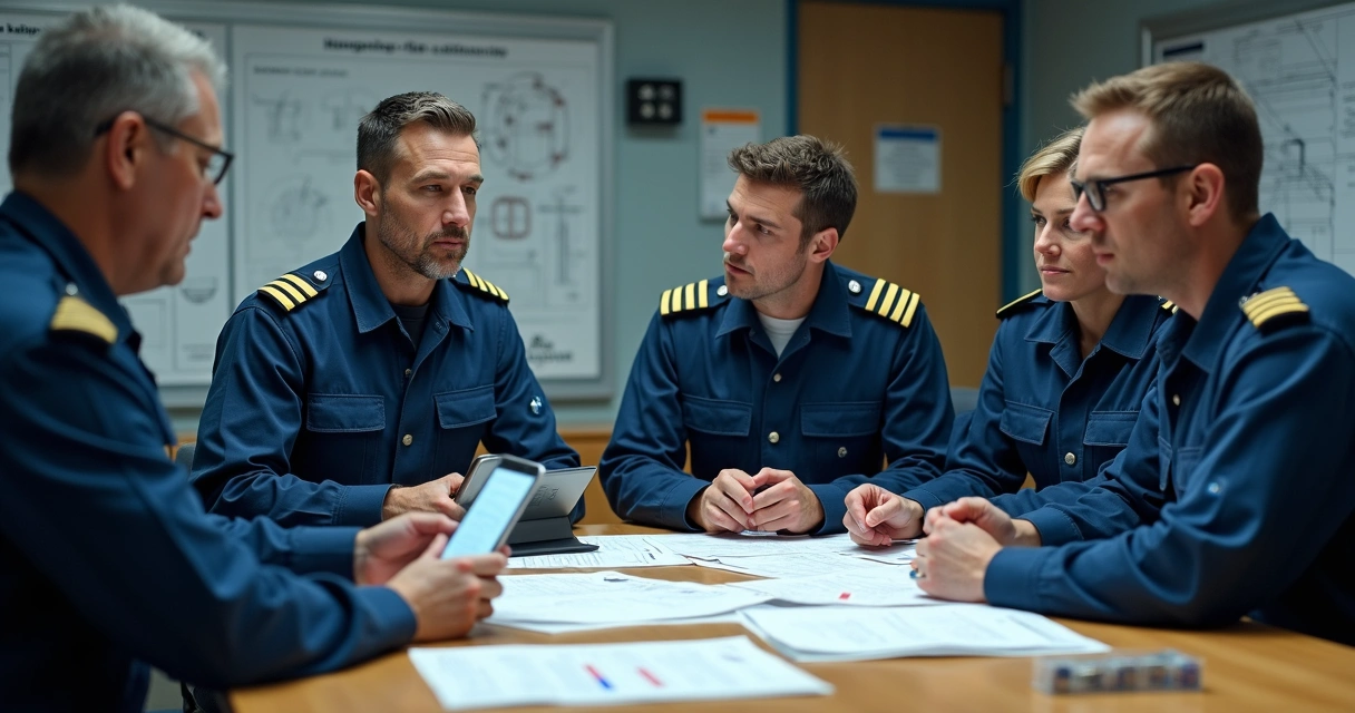 Ship crew and officers in meeting reviewing digital MRO lists