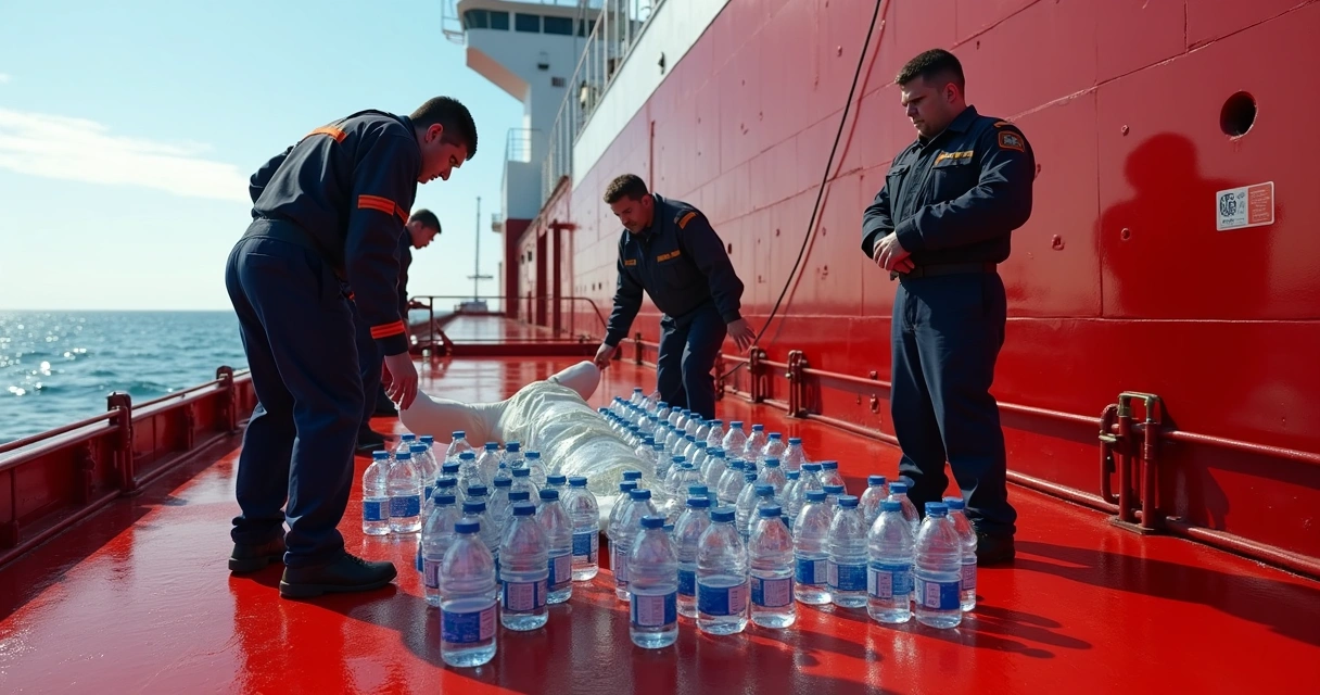 Ship crew members on a tanker deck using water bottles to preserve a body during day