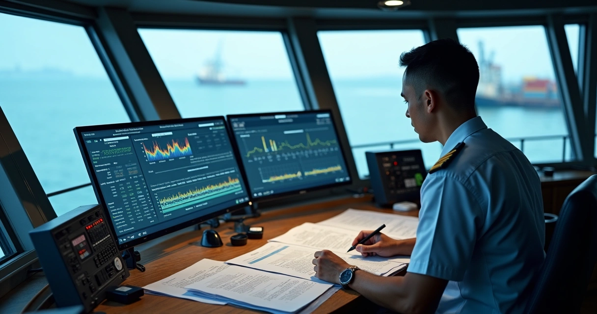 Ship bridge officers reviewing emissions and fuel documents