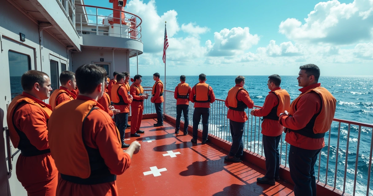 Ship crew preparing for safety drill on deck