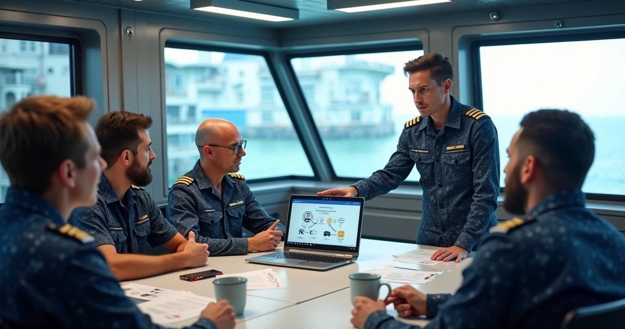 Ship crew gathered for cybersecurity training session in mess hall