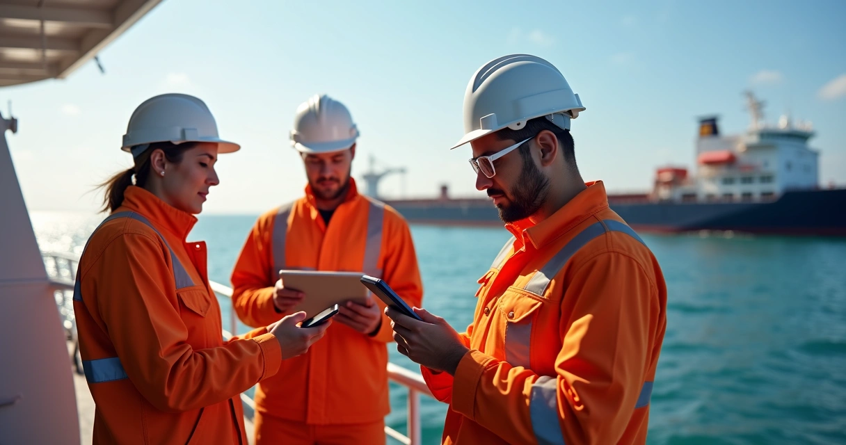 Ship crew on deck using mobile devices checking cloud-based fleet management app.