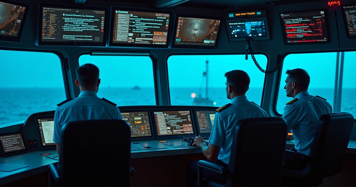 Ship bridge with modern digital navigation equipment and cybersecurity warnings on screens 