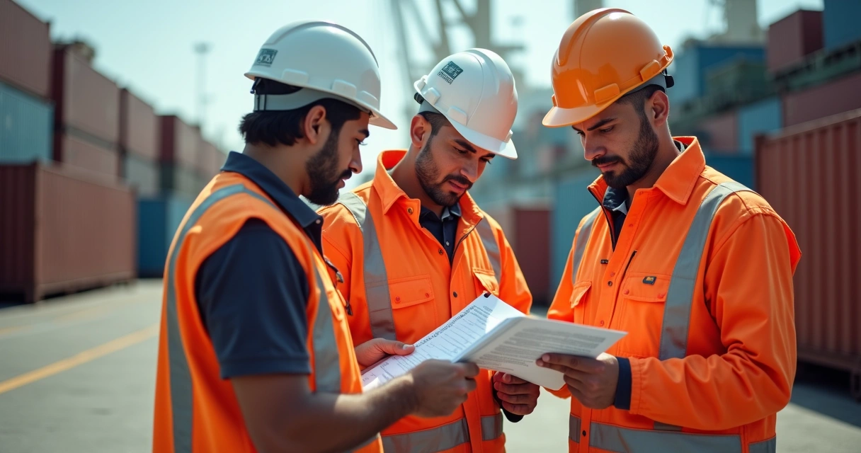 Brazilian port workers checking cargo and documents on ship 