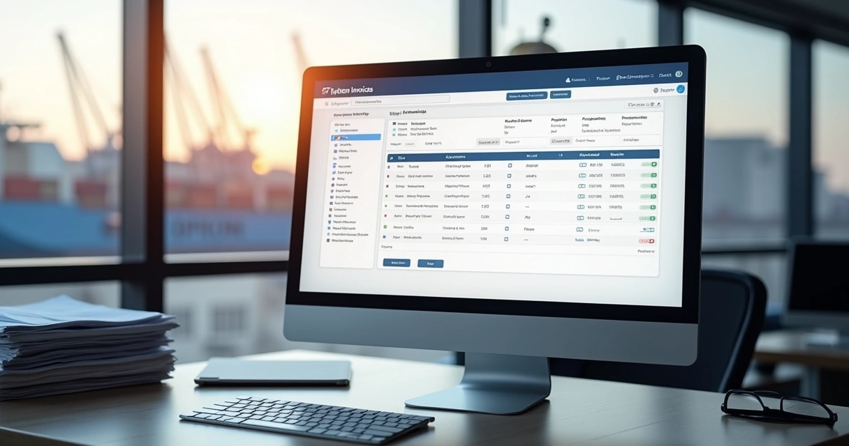 Modern digital invoicing dashboard with ship supplies listed and an ocean-going vessel in background. 