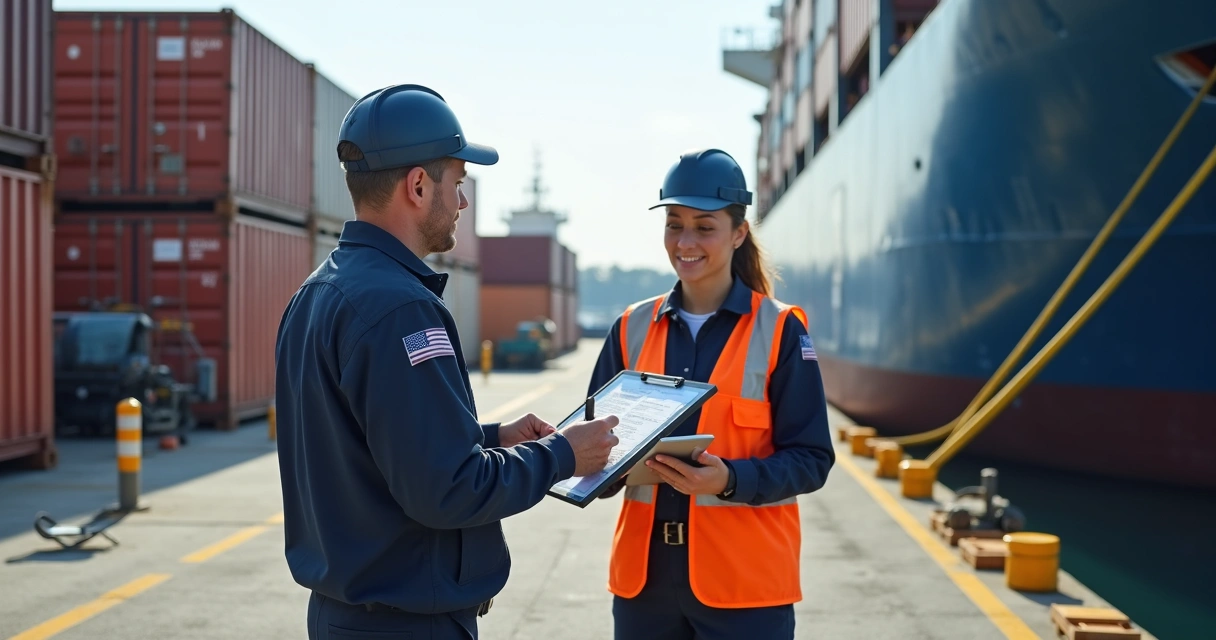 Inspection process at ship dock with compliance officers