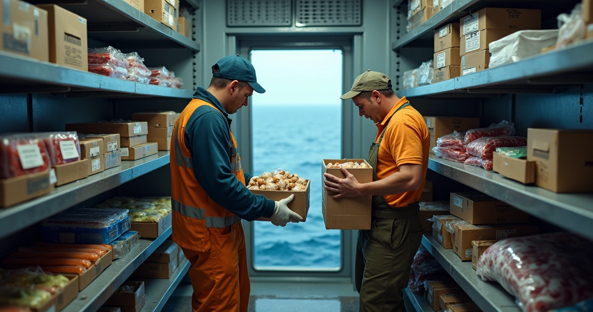 Crew inspecting food provisions in ship's cold storage area 