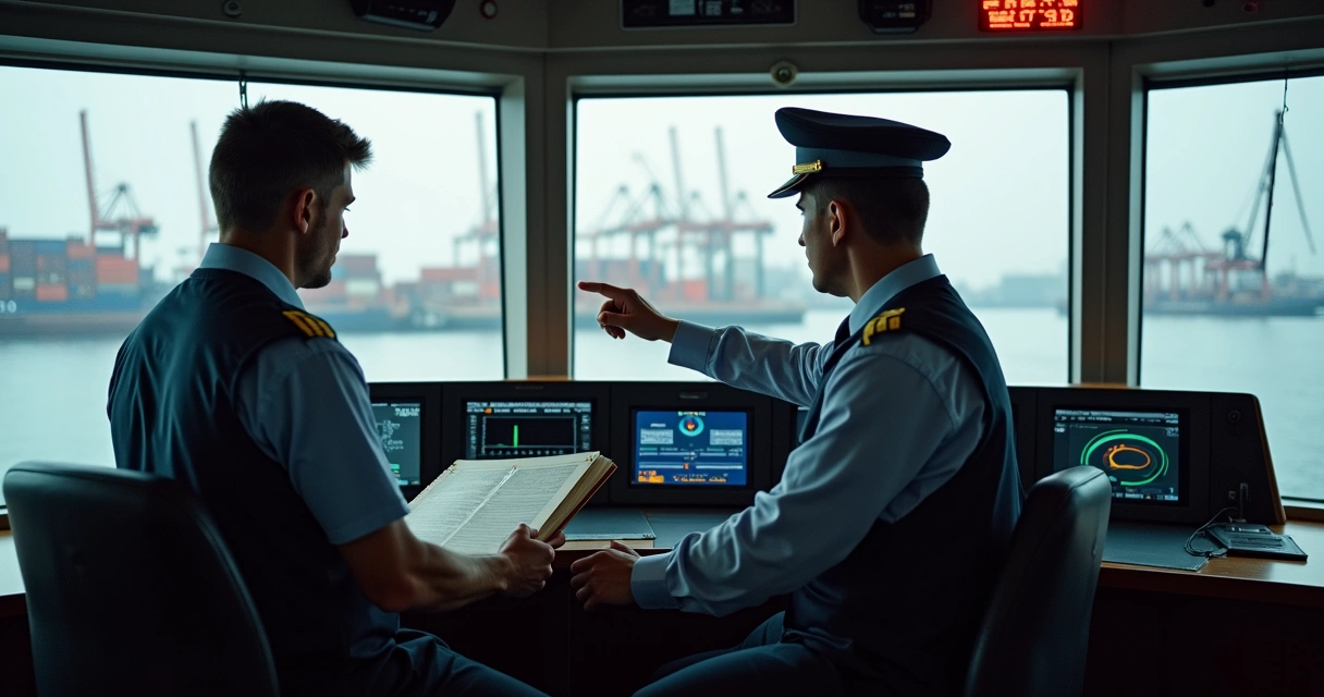 Crew member reviewing a ship logbook with digital monitoring dashboard in background 