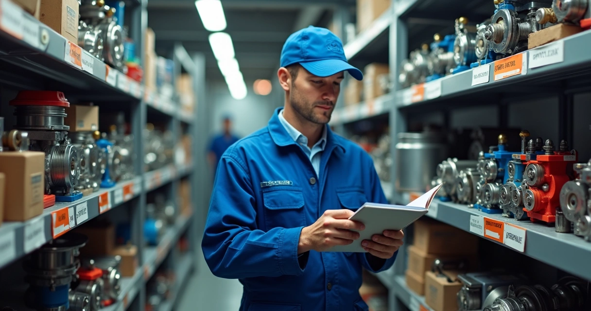 Officer checking ship’s MRO inventory list in the engine room 