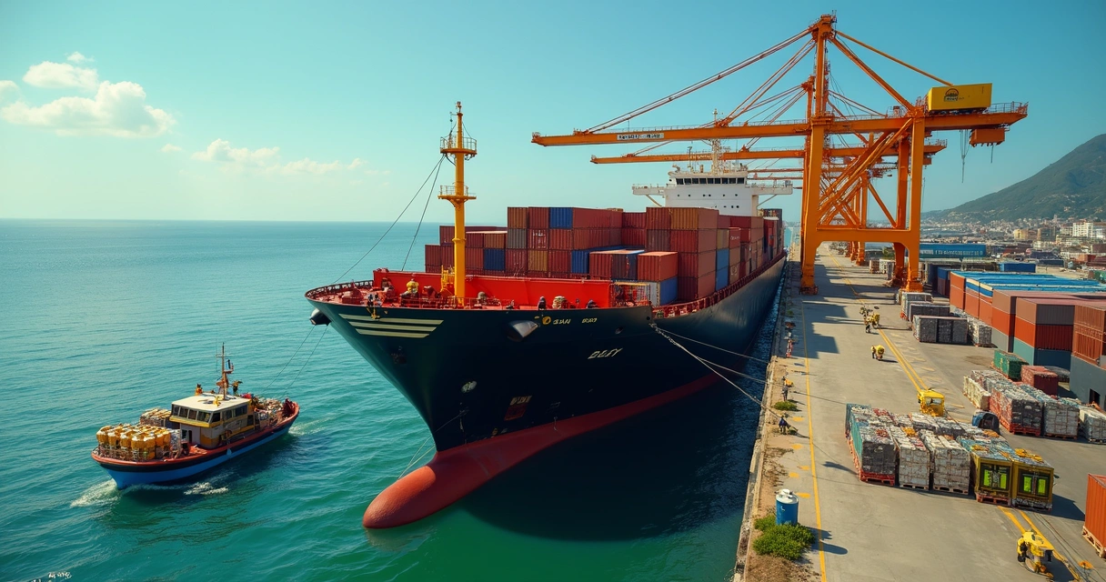 Aerial view of ship anchored at Brazilian port with provisions delivered by supply boat 