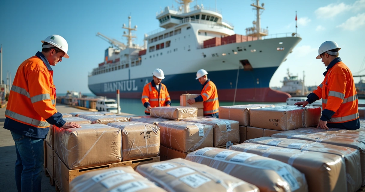 Ship crew inspecting supply delivery on a busy port 