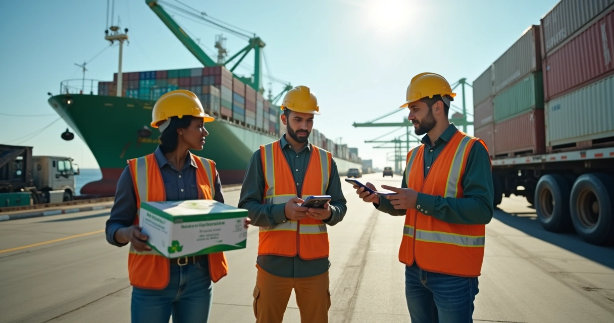 Ship supply team coordinating green technology cargo at Brazilian port 