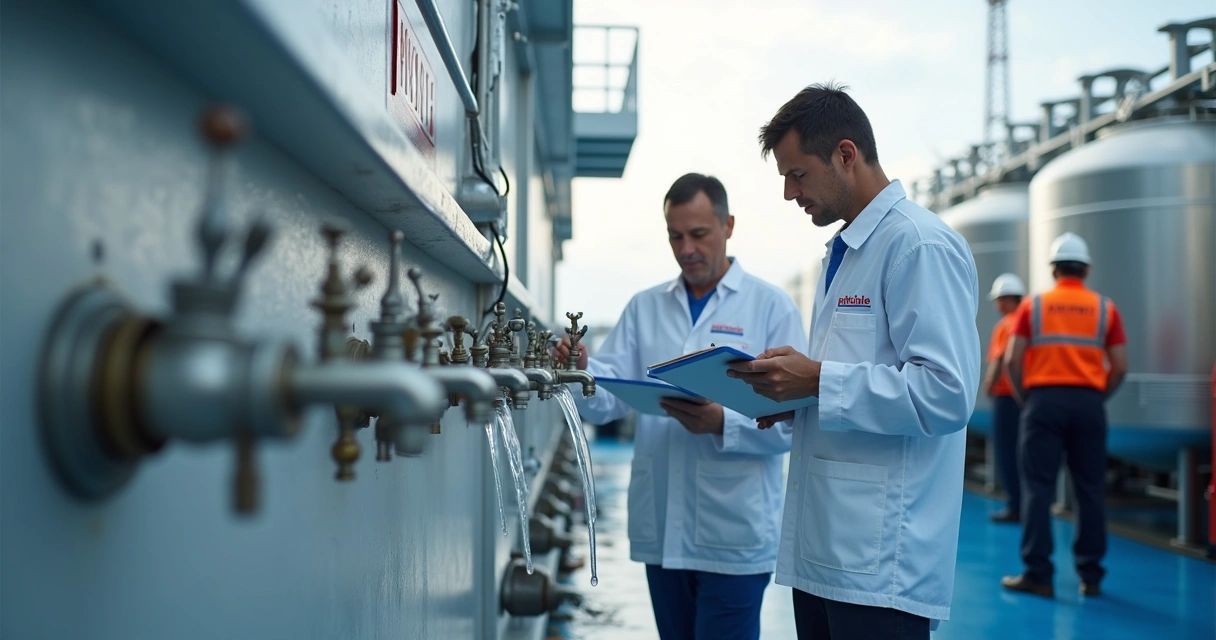 Inspection crew testing water on ship deck