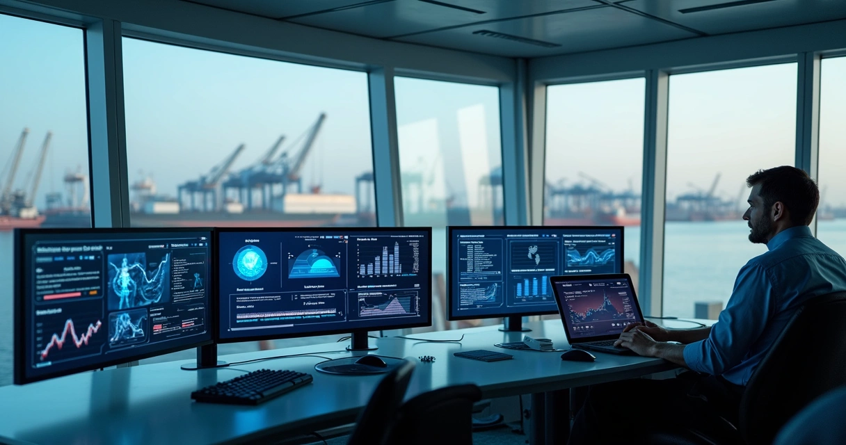 Modern ship operator dashboard showing data charts with AI assistant prompt on screen.