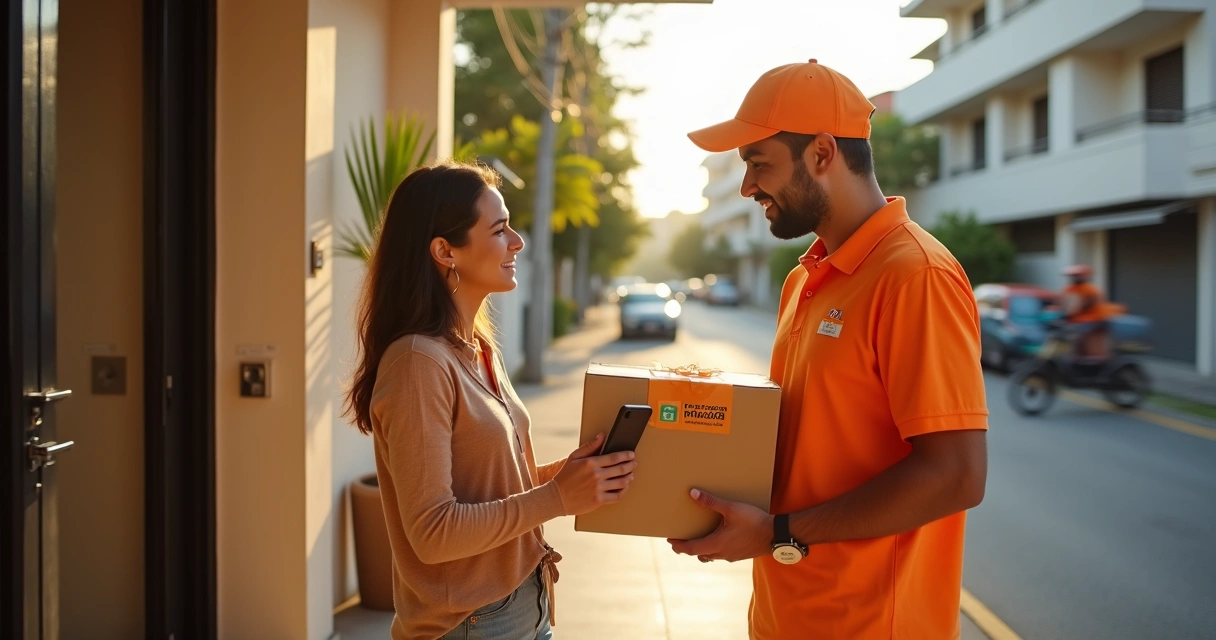 Consumidora recebendo pacote rápido da Shopee na porta de casa 