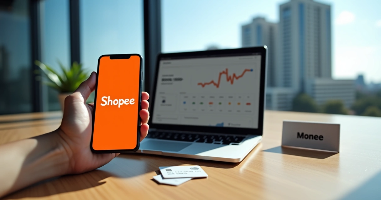 Logotipo da Shopee em smartphone ao lado da sede do Banco Central do Brasil 