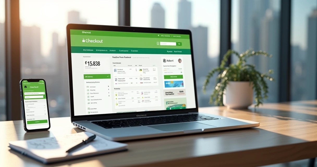 Loja virtual em notebook exibindo checkout Shopify com opções de pagamento digitais 