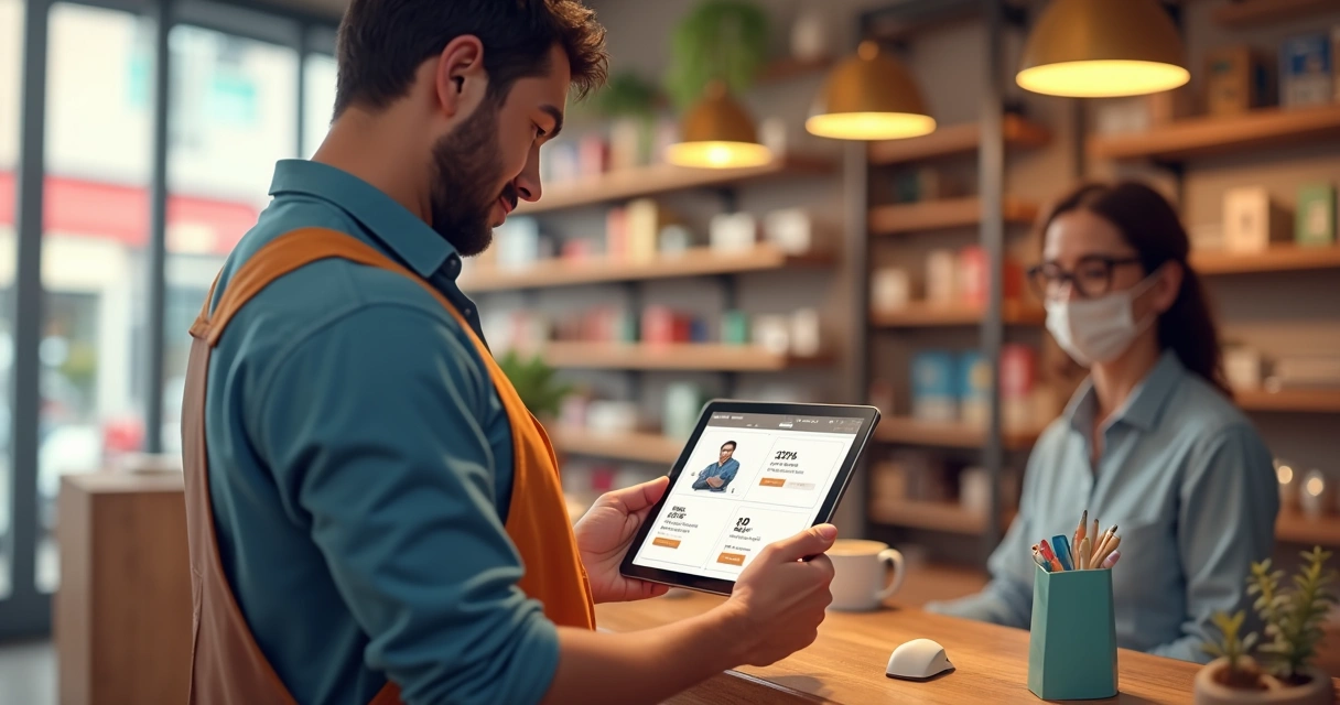 Varejista usando tablet com POS integrado ao Shopify e pagamentos exibidos 