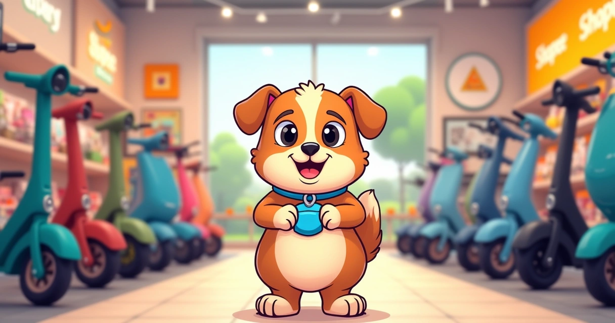 Shopito cãozinho mascote em loja de patinetes elétricos