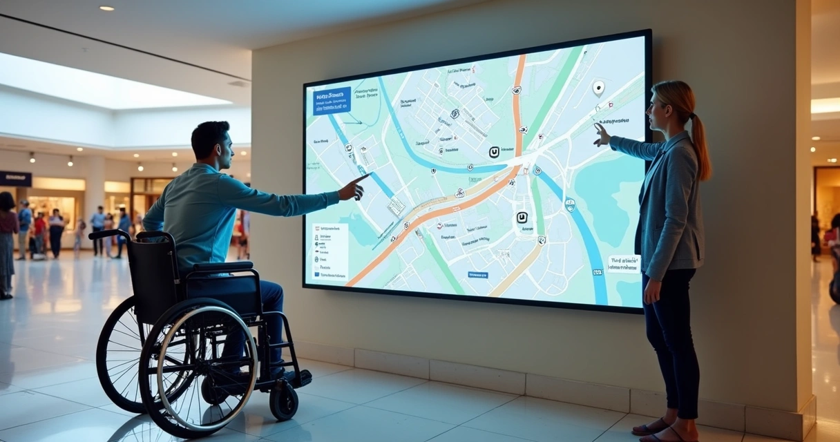 Mapa digital destacando rotas acessíveis em shopping 