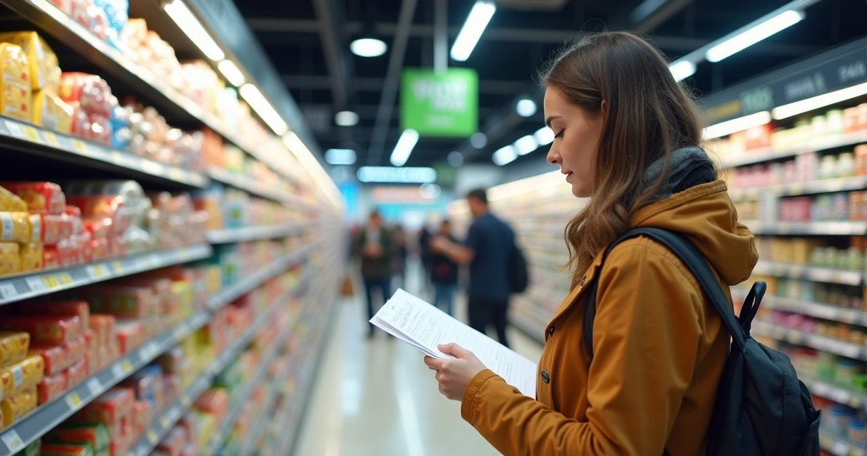 Person comparing products and prices in a supermarket aisle 