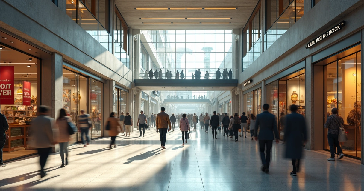 Shopping center moderno e movimentado com pessoas entrando 