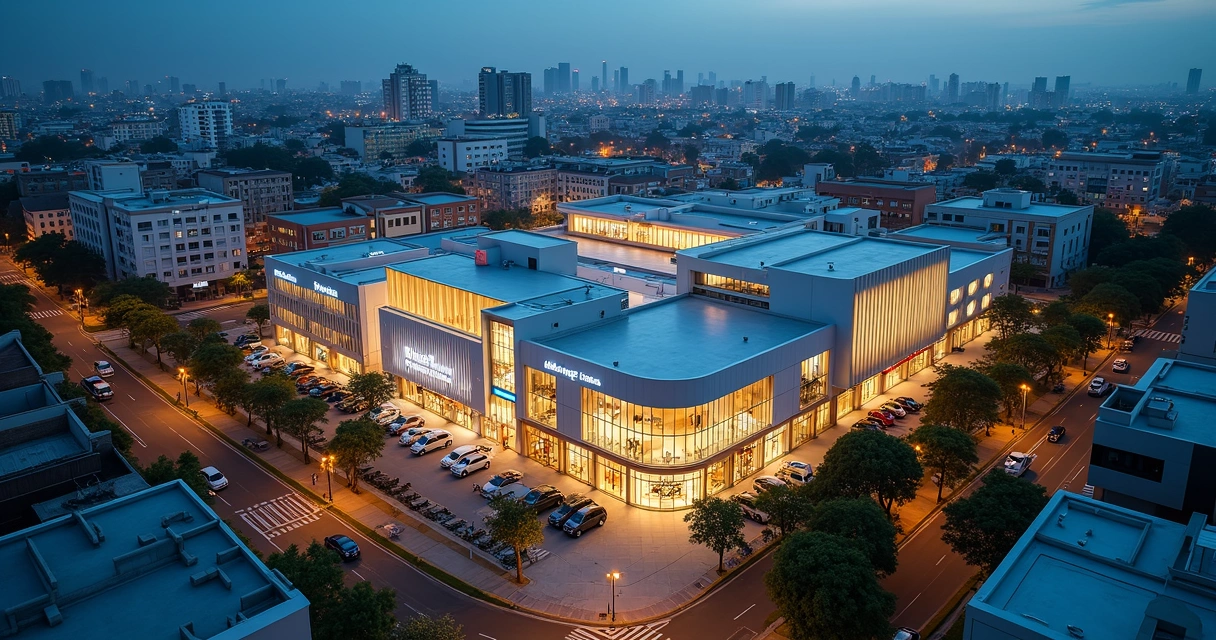 Fachada de shopping center moderno em Campinas vista de cima com prédios residenciais ao redor 