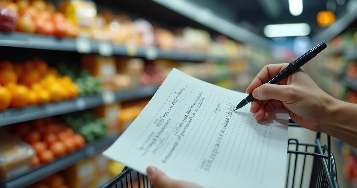 Hand holding a grocery list in a supermarket aisle