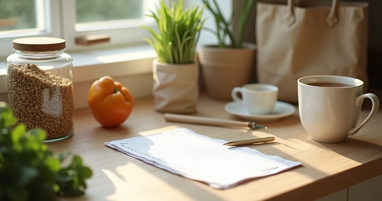 Notebook shopping list beside jars and reusable bags on a kitchen counter 