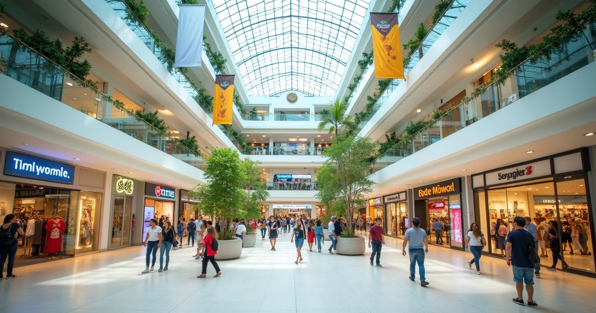 Vista interna do shopping com lojas e pessoas circulando. 