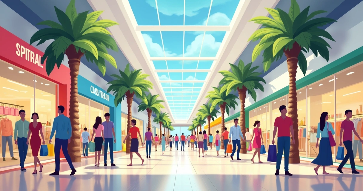 Shopping movimentado em Miami com vitrines e pessoas fazendo compras 