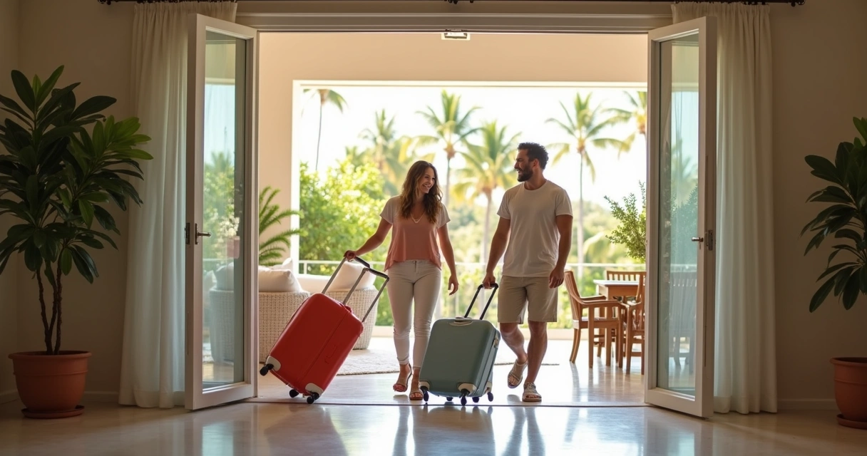 Família entrando em casa de aluguel de temporada na Flórida. 