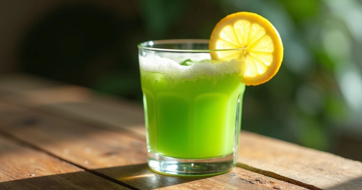 Copo pequeno com shot verde de moringa e limão ao lado