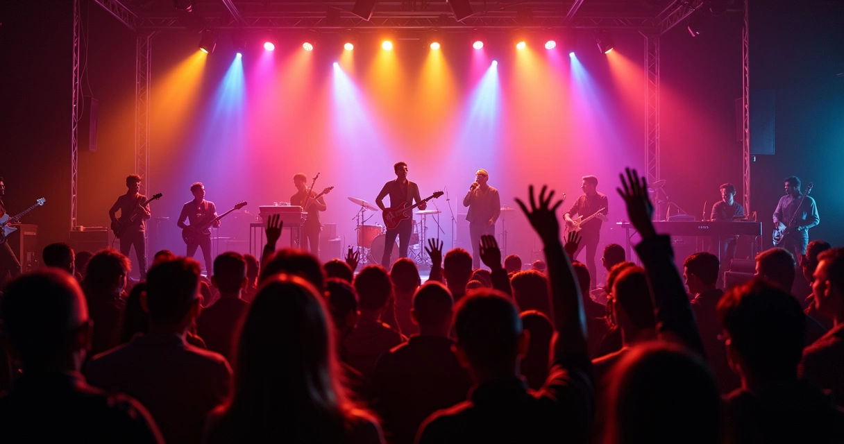 Banda tocando ao vivo enquanto público interage e sugere músicas ao artista. 