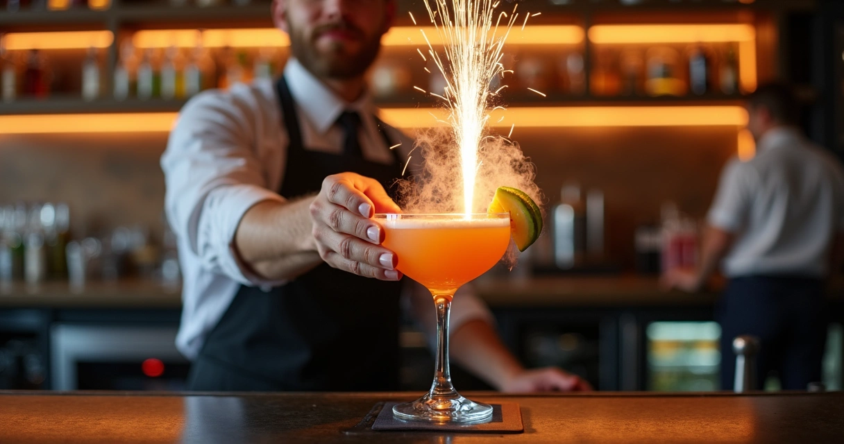 Bartender apresentando drink com fogos e decoração extravagante 