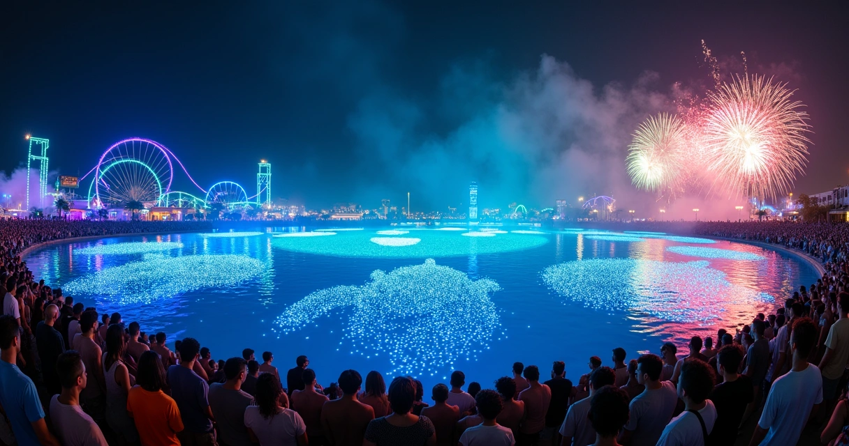 Sky filled with illuminated drones over night crowd at SeaWorld Orlando 