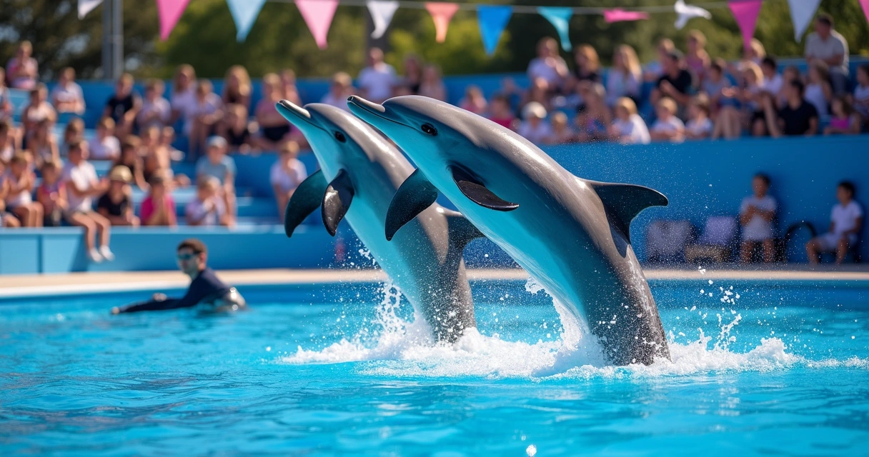 Golfinhos pulando no show SeaWorld com platéia sorrindo