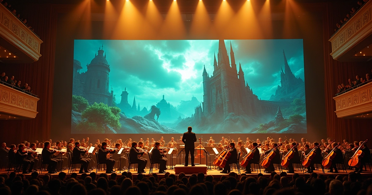 Orquestra tocando para público em auditório com tela exibindo cenas de game 