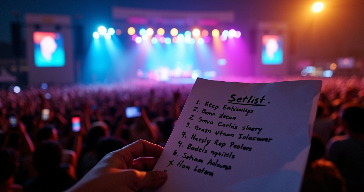 Músico segurando setlist em frente a um palco iluminado em show lotado 