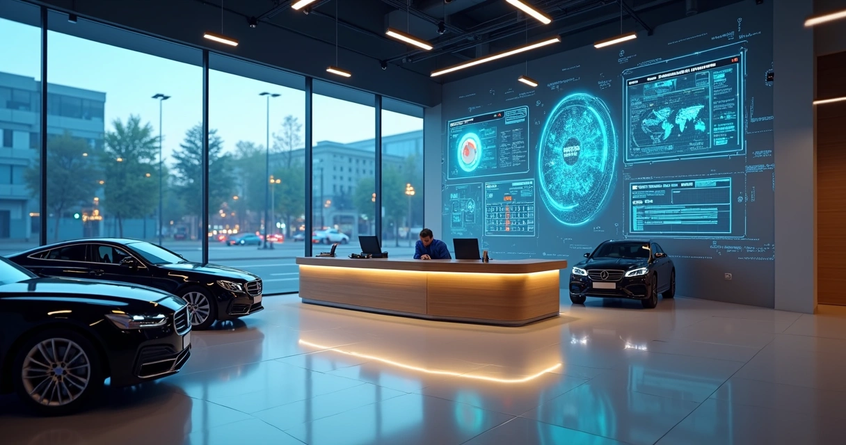 Showroom de concessionária com carros e hologramas de inteligência artificial analisando dados de clientes 