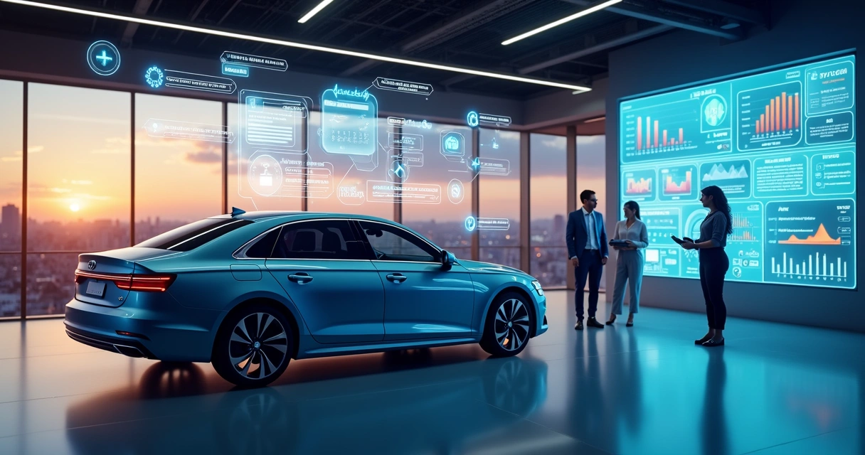 Showroom de concessionária com carro em destaque e painel digital de IA ao fundo 