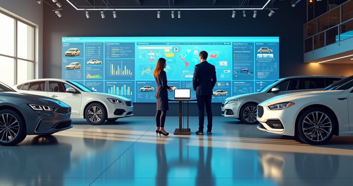 Showroom de seminovos com grande painel exibindo sistema de gestão de carros 