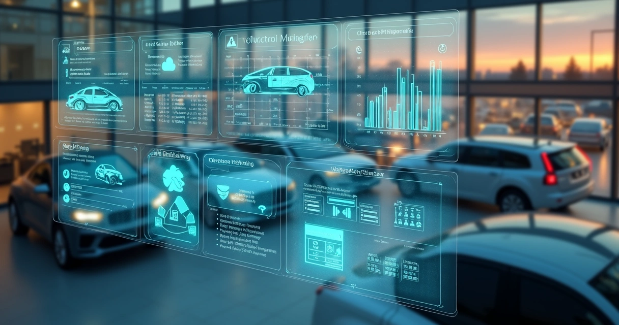Painel de controle digital projetado sobre showroom de revenda de carros 