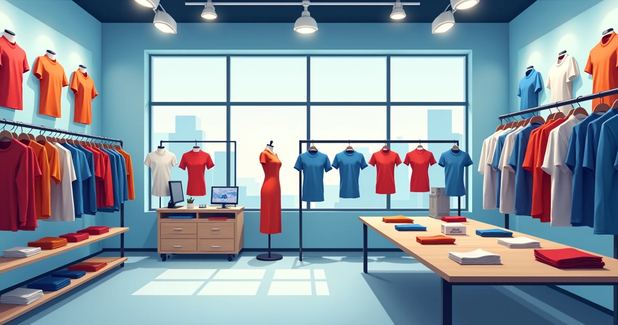 Showroom moderno com variedade de camisetas e uniformes personalizados em exposição 